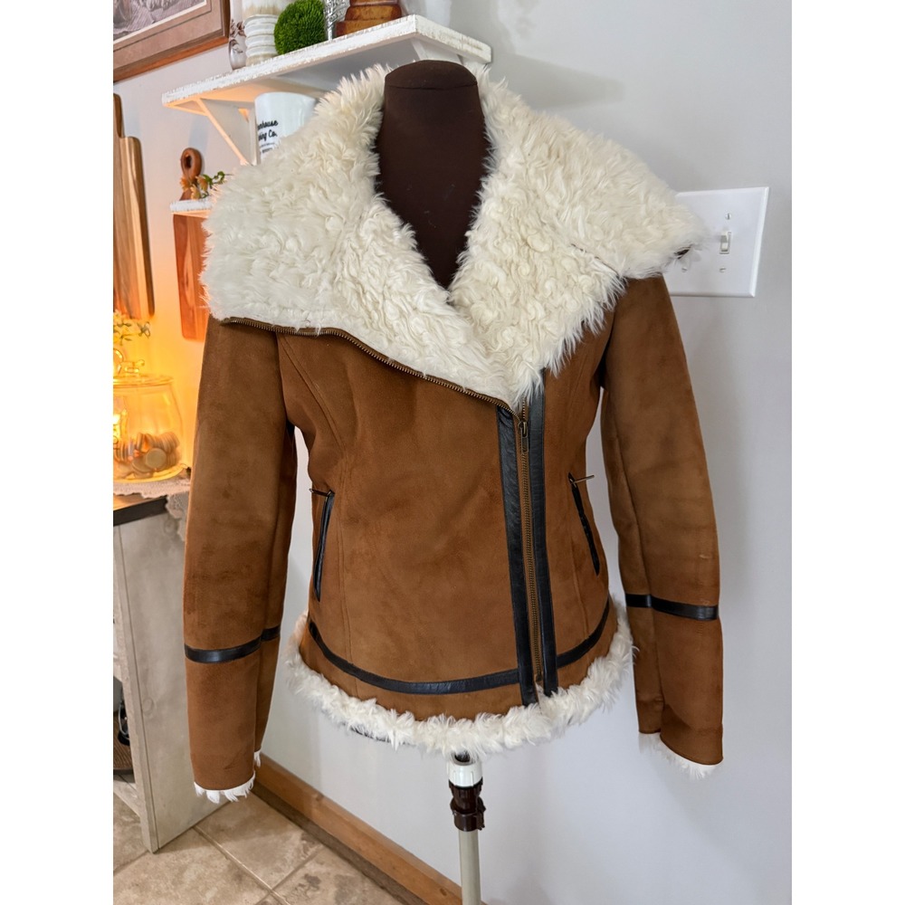 Donna Salyers Fabulous Furs Faux Suede Shearling Moto Jacket Brown Small